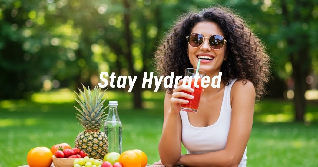 Woman drinking water outdoors to stay hydrated during summer