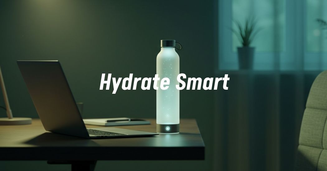 hydro coach water bottle softly glowing on a minimalist desk setup beside a laptop and plant