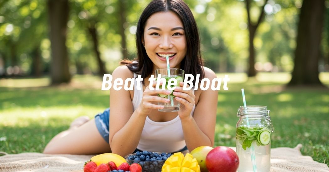 Woman enjoying a light summer meal with fresh fruits and infused water to alleviate bloating.