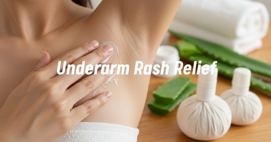 Individual treating prickly heat in the armpit with soothing lotion and natural remedies.