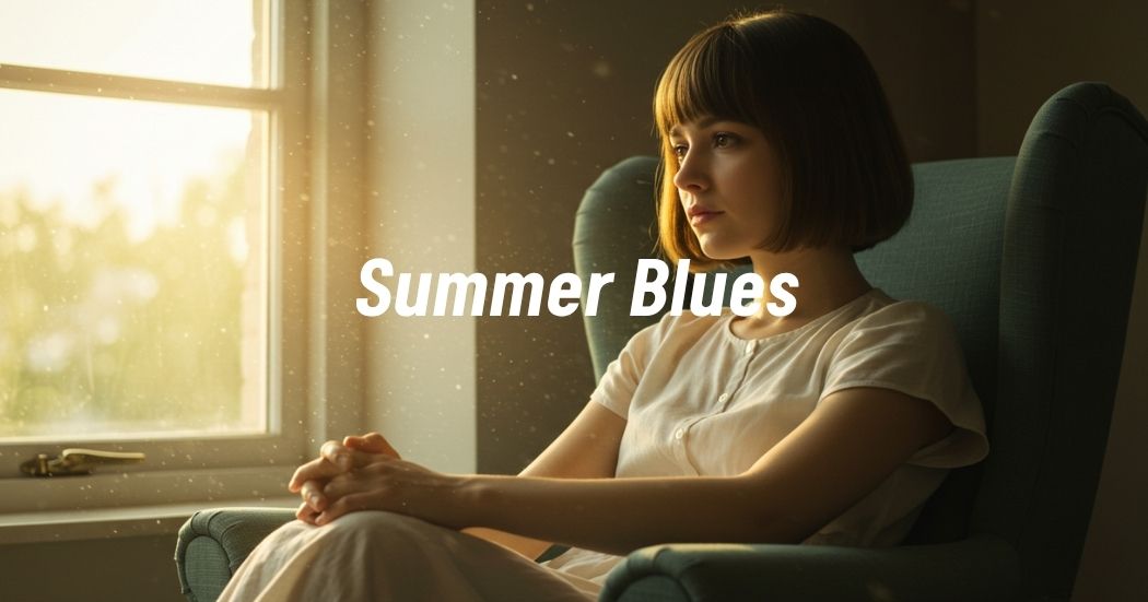 Woman experiencing summer depression, sitting by a sunny window.