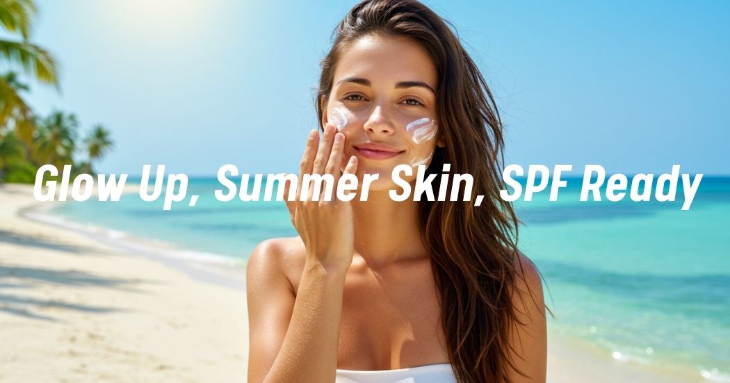 Woman applying sunscreen on her face at the beach during summer.