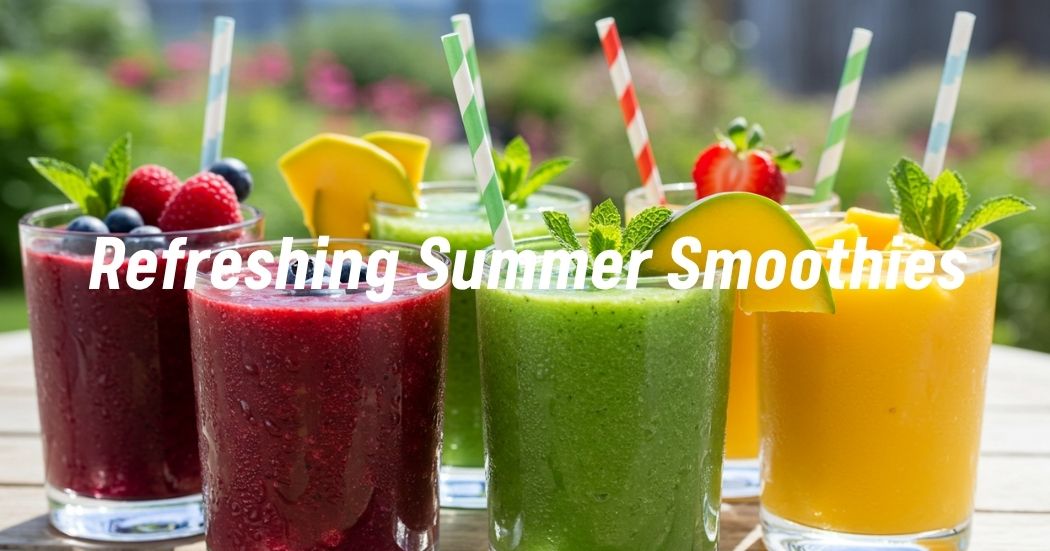 An array of colorful summer smoothies garnished with fresh fruits and mint leaves.