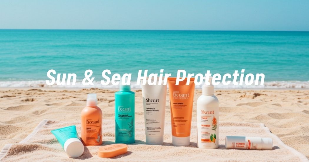 Hair care products for sun and sea damage protection displayed on a beach towel.