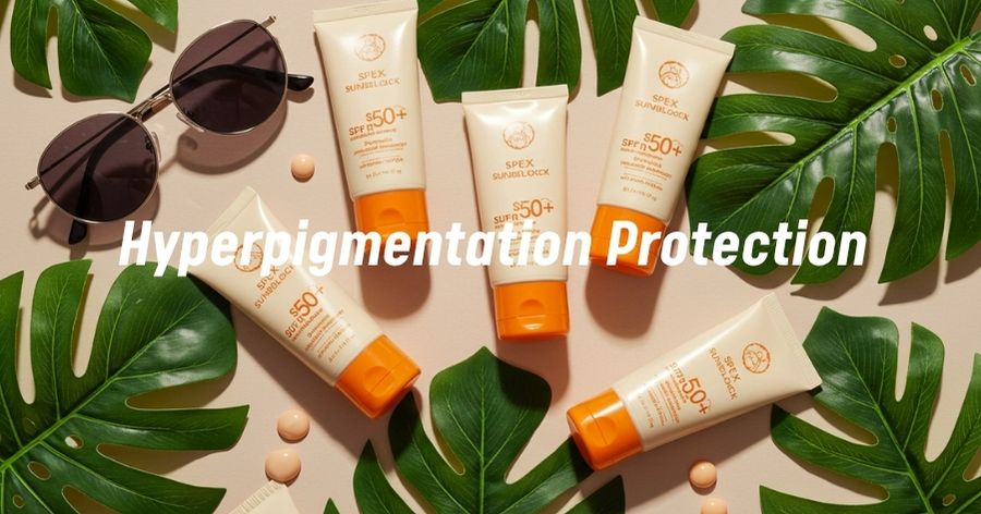 Assortment of sunblocks with SPF 50+ for hyperpigmentation prevention