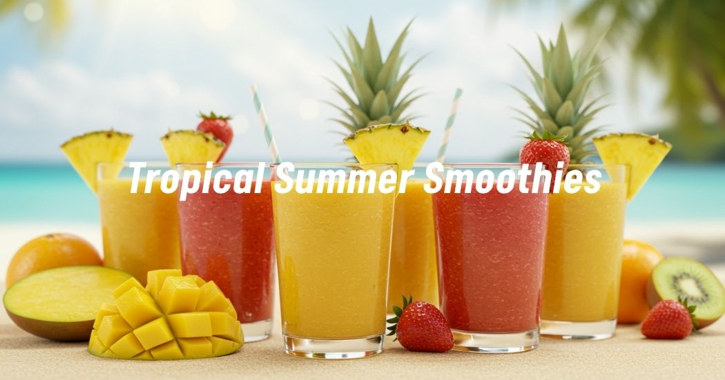 An assortment of tropical summer fruit smoothies garnished with fresh fruits, set against a beach backdrop.