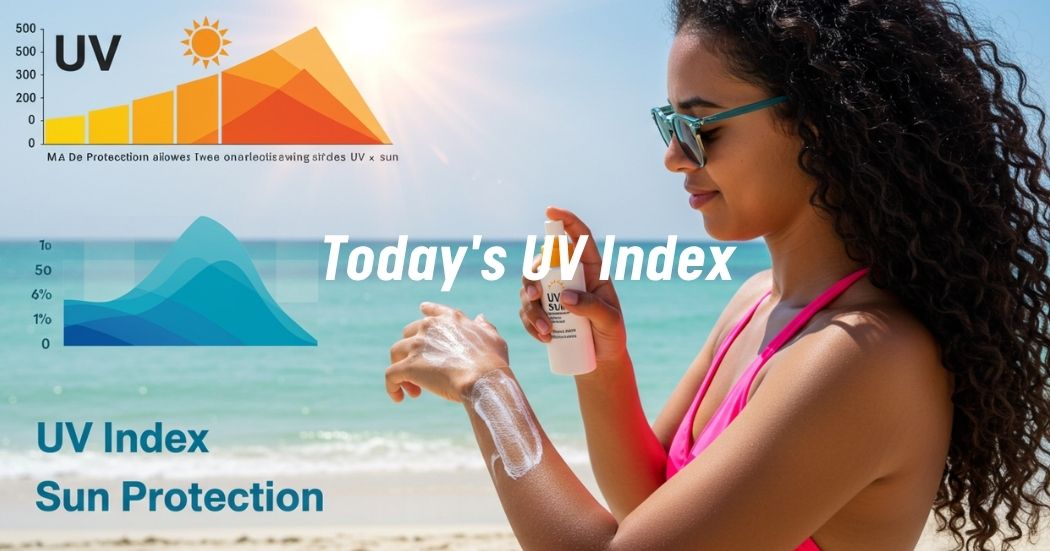 Applying sunscreen under the sun with UV index chart.